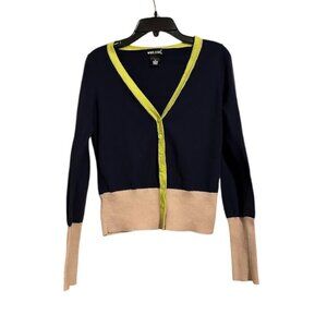 Vintage Wet Seal Cardigan Navy blue Neon Green Tan Cuffs Knit Sweater Women's S